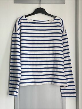 EVERLANE White and Royal Blue Striped Boatneck Long Sleeve Tee